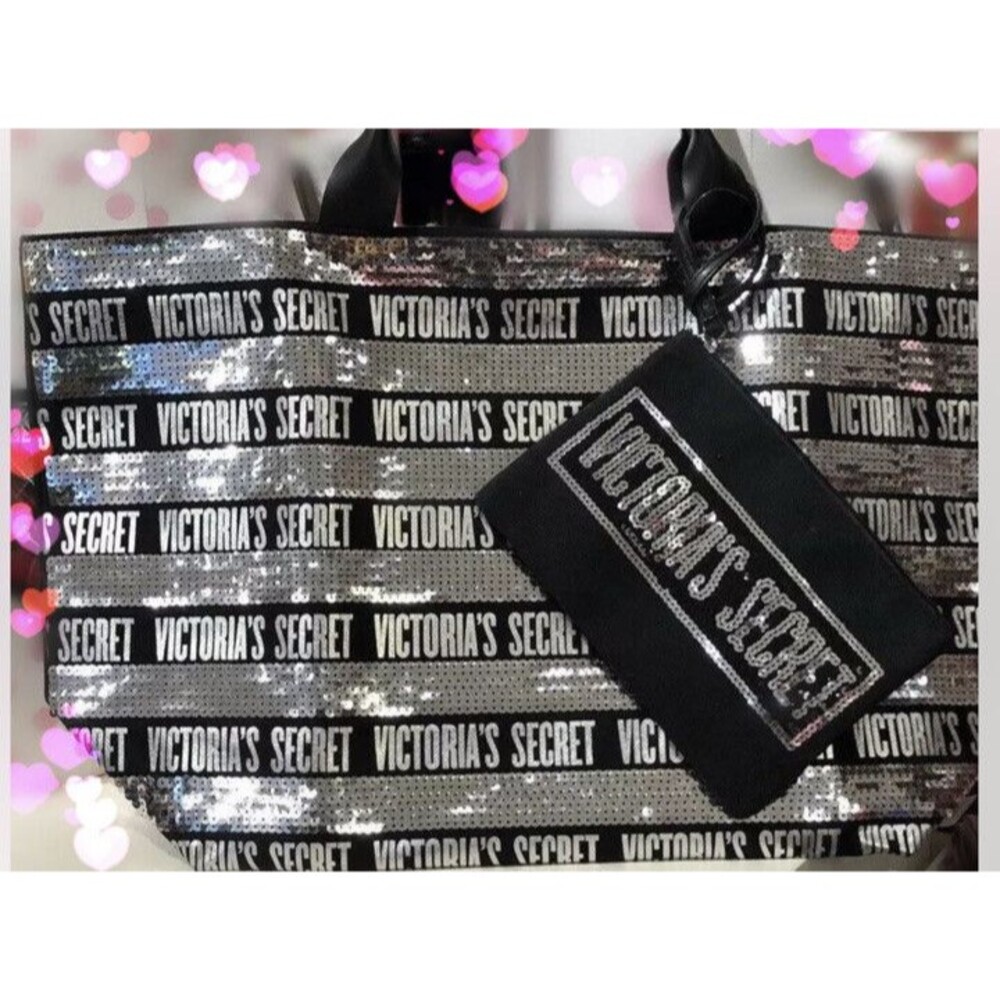 Victoria's Secret Tote Bag 2 Piece Large Shopper Black Silver Sequence NWT 22x14